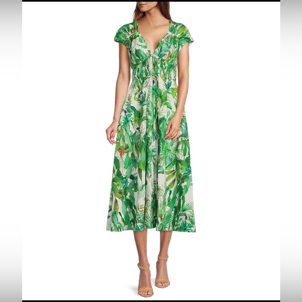 NWT Antonio Melani Victoria Tropical Print Poplin V-Neck Cap Sleeve Midi Dress - Picture 1 of 8